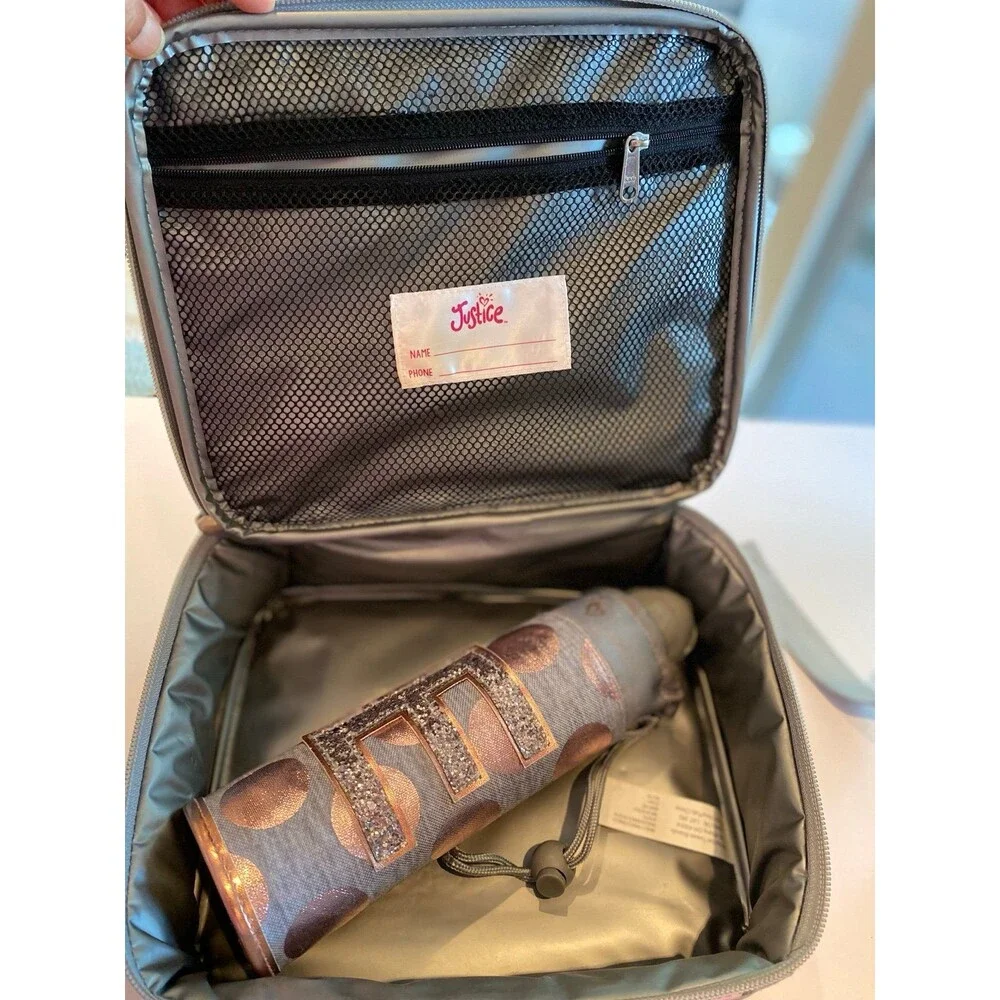 3 Piece Backpack Set: Bag, lunch box & bottle initial“E” Justice full- size